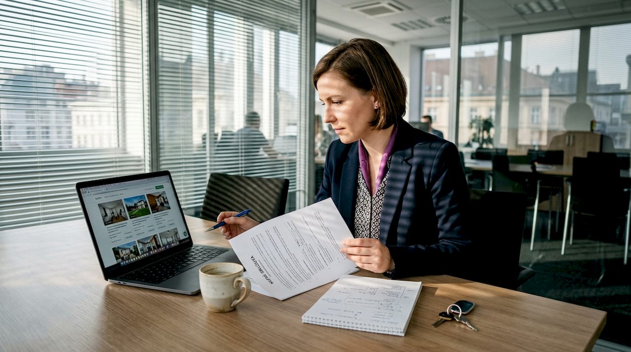Právník si u jednacího stolu pečlivě prostudovává dokumenty týkající se nemovitosti.