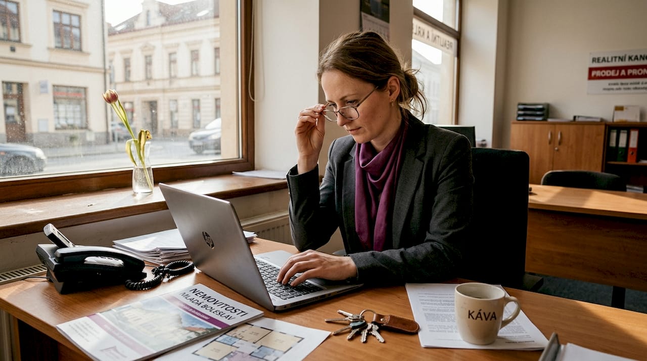 Realitní makléř pracuje u světlého stolu ve své kanceláři.