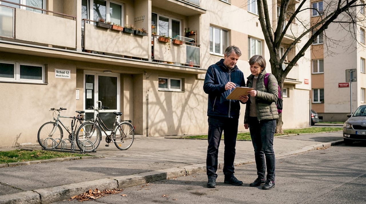 Mladý pár prochází městem a zvažuje, jestli si koupit byt v jedné z nabízených lokalit.