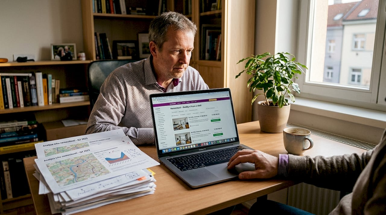 Muž si v domácí pracovně prohlíží nabídky nemovitostí na internetu.
