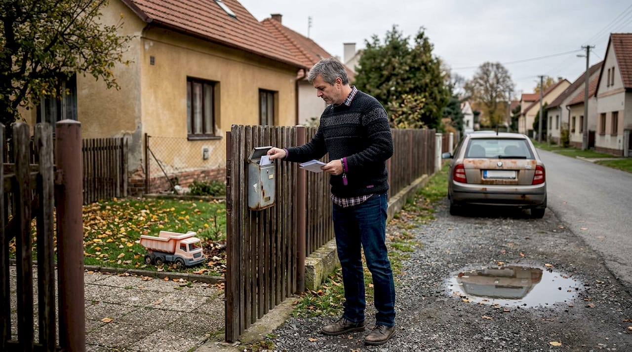 Muž stojí před typickým českým rodinným domkem