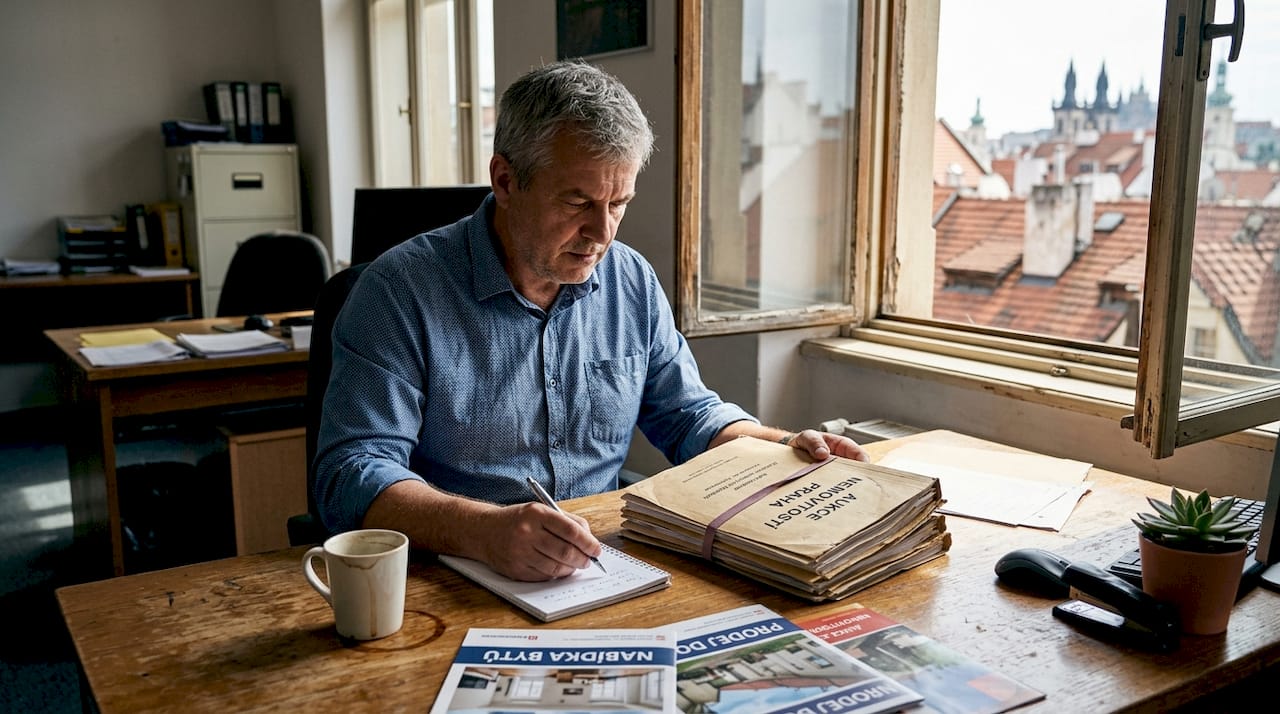 Realitní makléř pečlivě kontroluje podklady k dražbě nemovitosti.