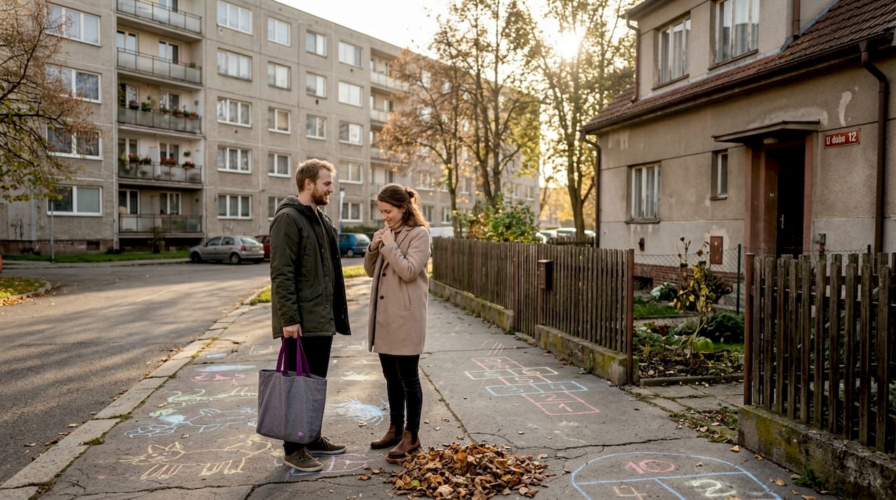 Pár před vchodem do bytu a rodinného domu