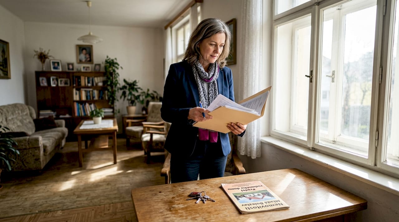 Makléř si v obýváku domu prochází dokumenty.