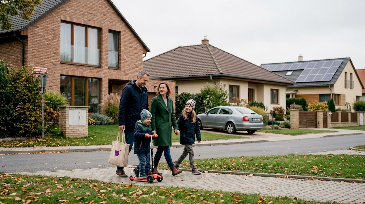 Rodina se prochází kolem různých typů domů