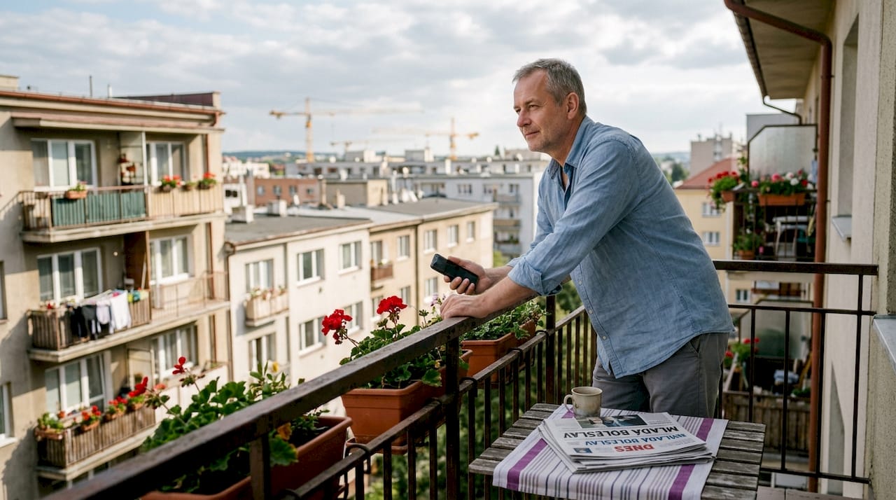 Investor si prohlíží vnitroblok bytového domu ve městě.