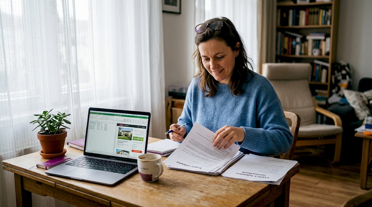 Žena si doma třídí a připravuje dokumenty potřebné k prodeji nemovitosti.