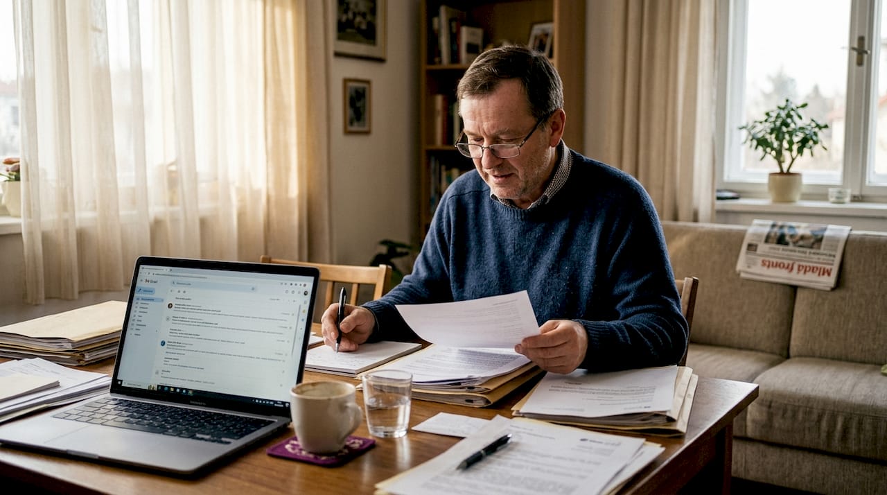 Majitel bytu si pečlivě prochází smlouvy a další papíry potřebné k prodeji nemovitosti.