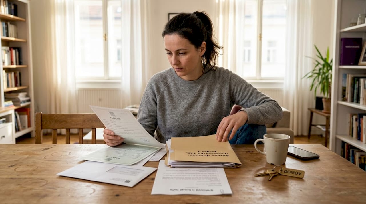 Majitel domu si doma třídí a připravuje podklady potřebné k prodeji nemovitosti.