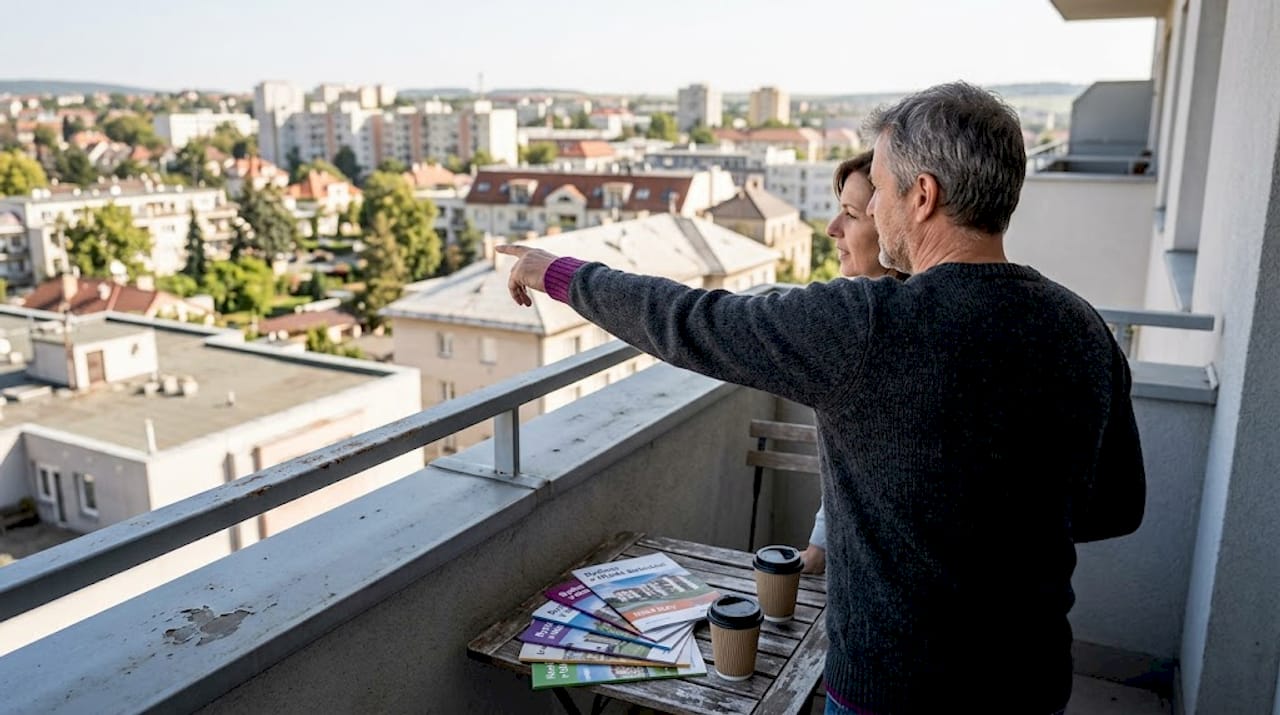 Mladý pár si užívá výhled na město z terasy svého bytu.