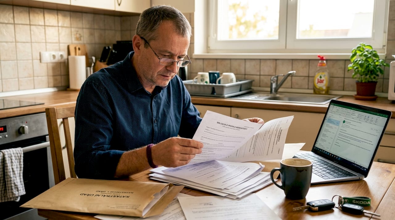 Muž sedí u kuchyňského stolu a třídí papíry ohledně prodeje domu.