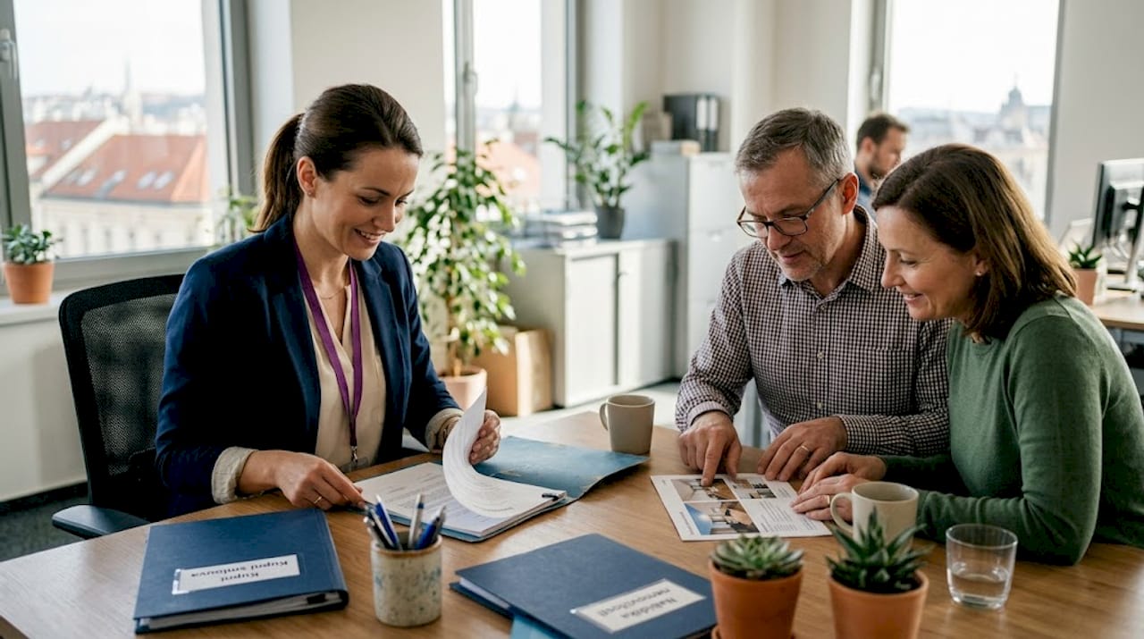Realitní makléř se setkává s klienty v kanceláři, kde společně probírají možnosti prodeje či koupě nemovitosti.