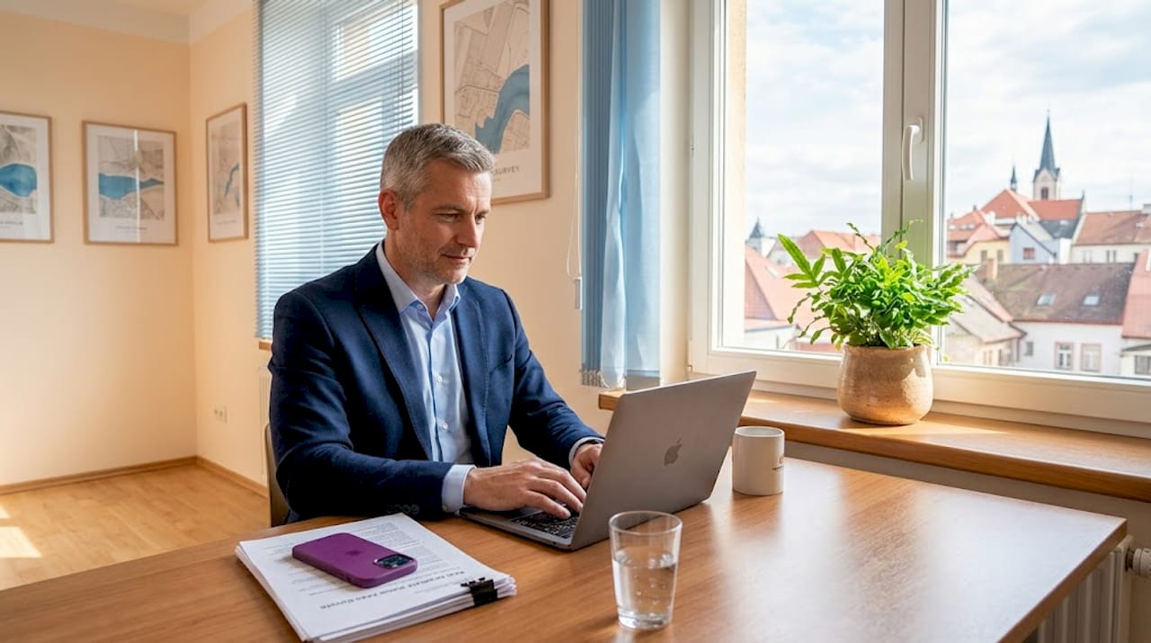 Makléř sedí ve své kanceláři a pracuje u stolu.