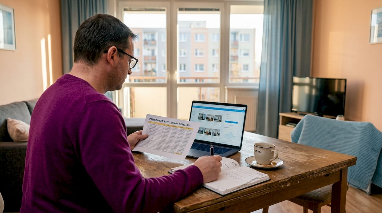 Muž sedí u stolu a zjišťuje, kde jsou byty nejvýhodnější.
