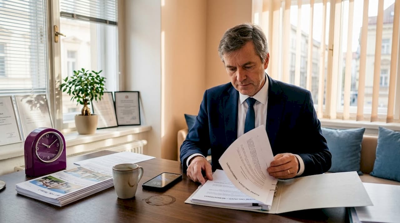 Právník si v kanceláři podrobně pročítá smlouvy a dokumenty k nemovitosti.