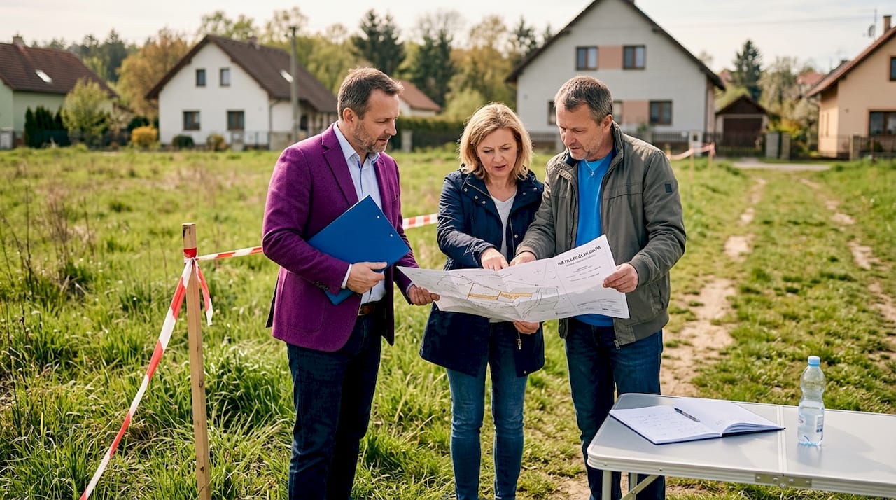 Realitní makléř jedná s manželským párem o prodeji stavebního pozemku.