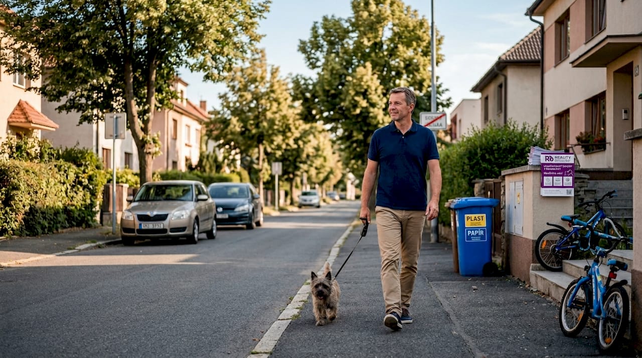 Muž venčí psa v jedné z klidných ulic na okraji Mladé Boleslavi.