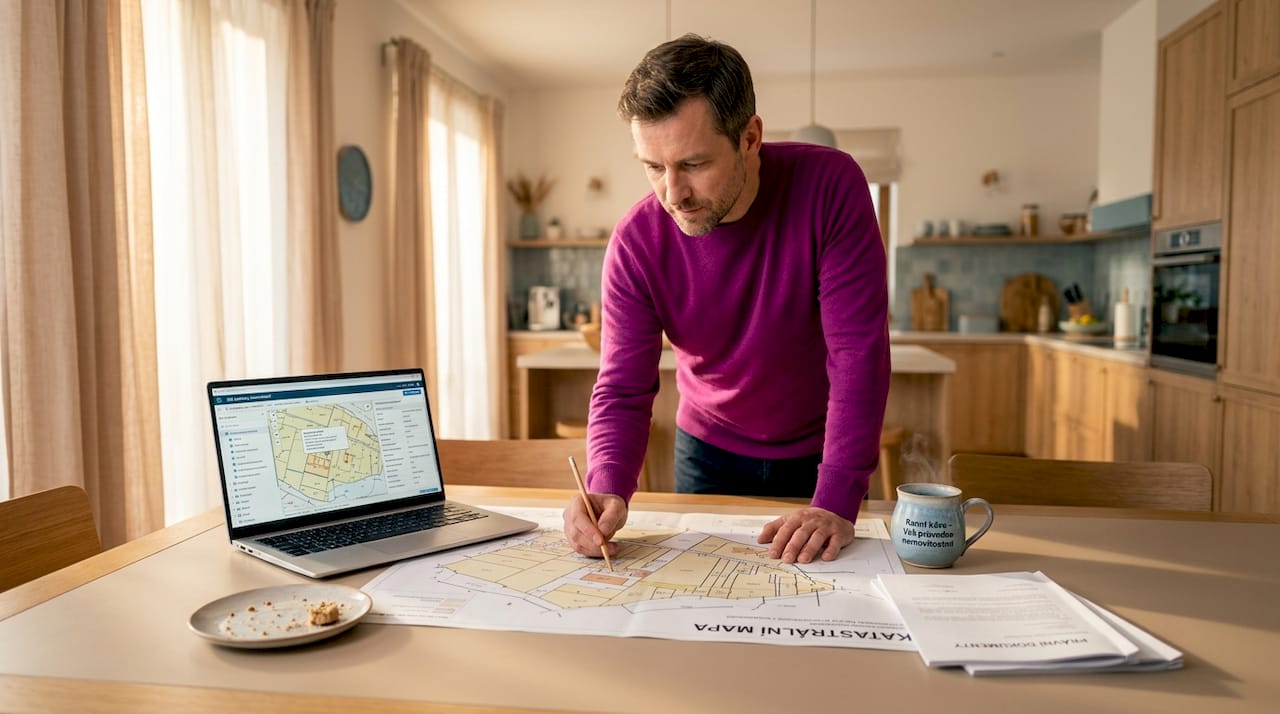 1778552817731_Real-estate-buyer-studies-cadastral-map-at-home-1 Zájemce o koupi nemovitosti si doma podrobně prohlíží katastrální mapu a zjišťuje, jak vypadá pozemek a okolí.