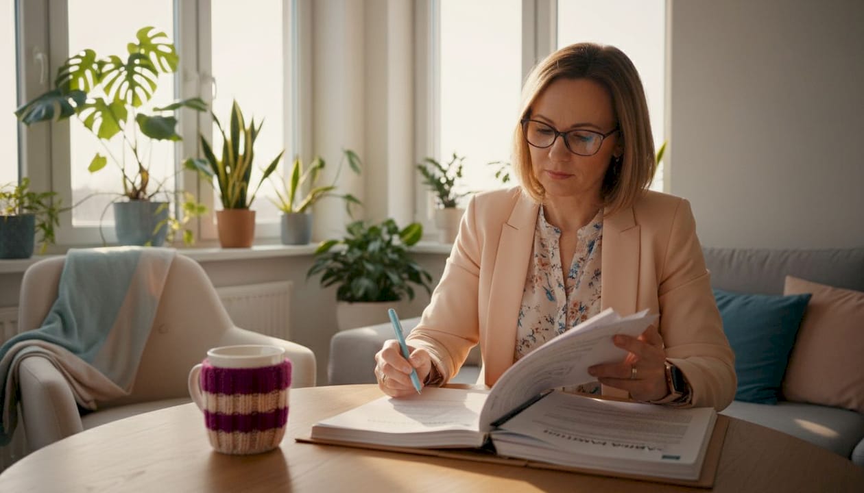 Realitní makléř pečlivě kontroluje dokumentaci k nemovitosti.