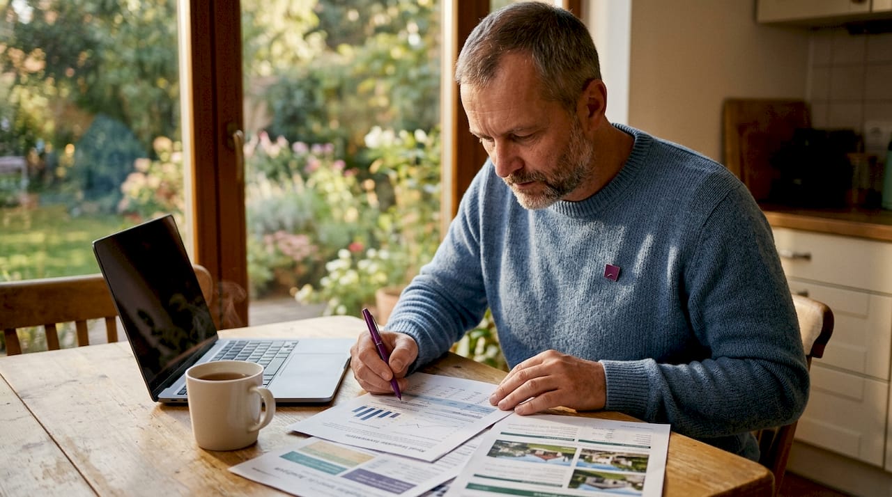 1783769458683_Man-reviewing-real-estate-investment-papers Muž si pečlivě prochází dokumenty týkající se investice do nemovitostí.